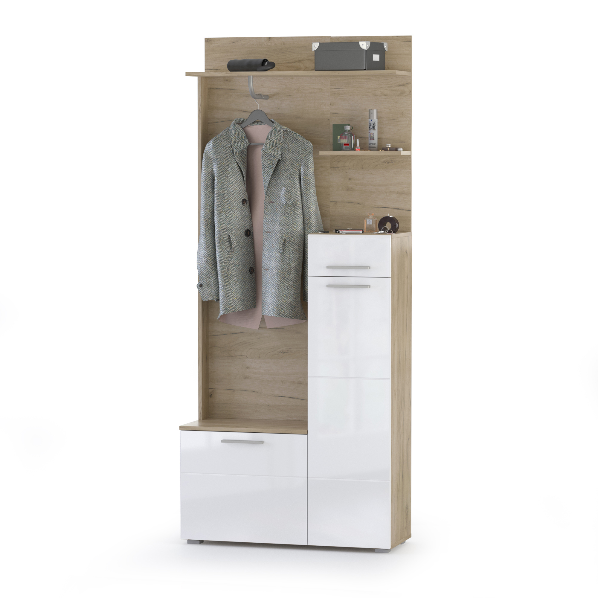 Лайн Прихожая № 08, цвет дуб крафт серый/фасады МДФ белый глянец, ШхГхВ 166,8х35,1х210 см., НЕ универсальная сборка