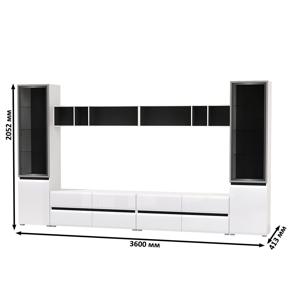 Гостиная Сидней Комплектация № 076, цвет корпус: белый/чёрный/фасады: МДФ белый глянец, ШхГхВ 360х41,3х205,2 см., универсальная сборка